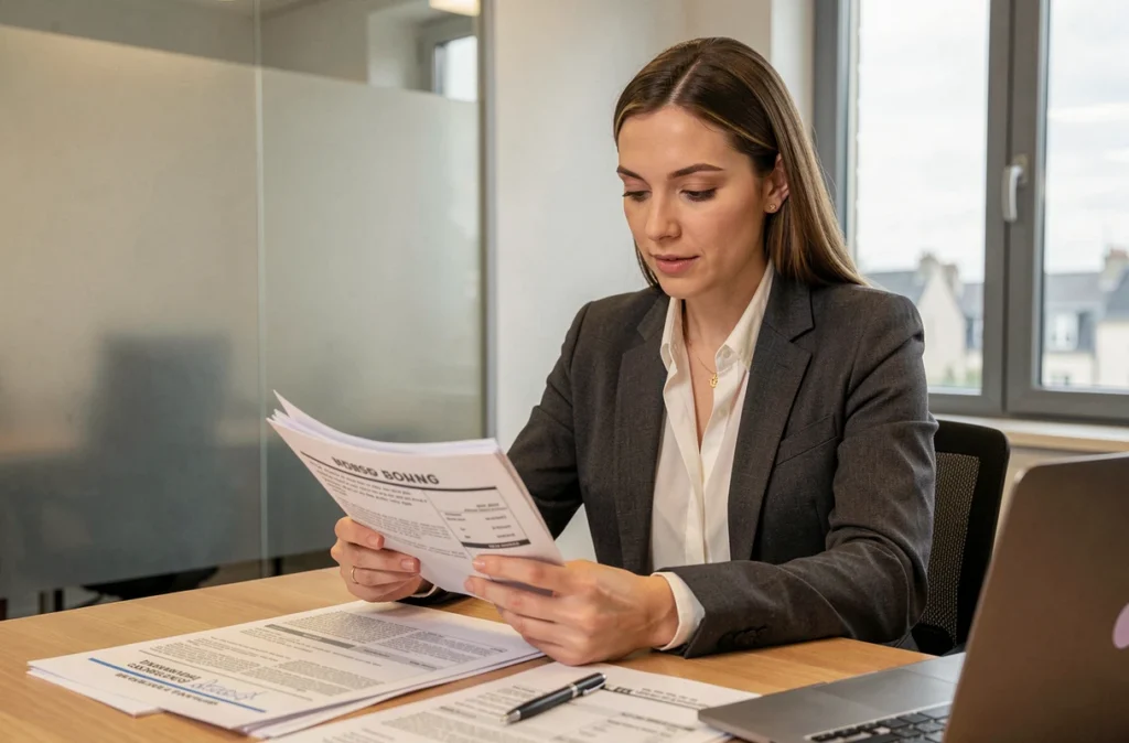 Agent immobilière examinant les dossiers de diagnostics obligatoires avant une vente immobilière