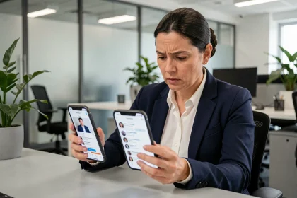 Femme analysant deux comptes de réseaux sociaux identiques sur des smartphones pour détecter un clone officiel