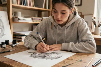 Artiste dessinant un croquis de dragon au crayon sur une table en bois dans un studio artistique cosy