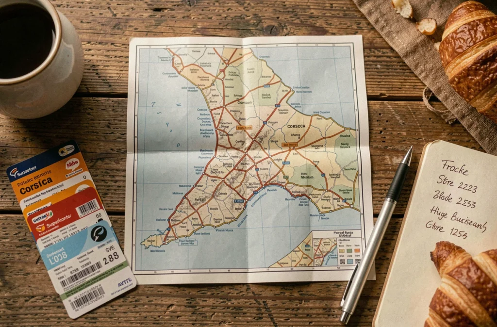 Carte de la Corse avec des cartes de fidélité de supermarchés et des notes pour trouver les magasins Lidl équivalents