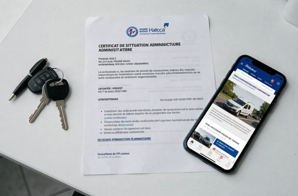 Certificat de non-gage posé sur un bureau avec des clés de voiture et un stylo pour la vente d'un véhicule