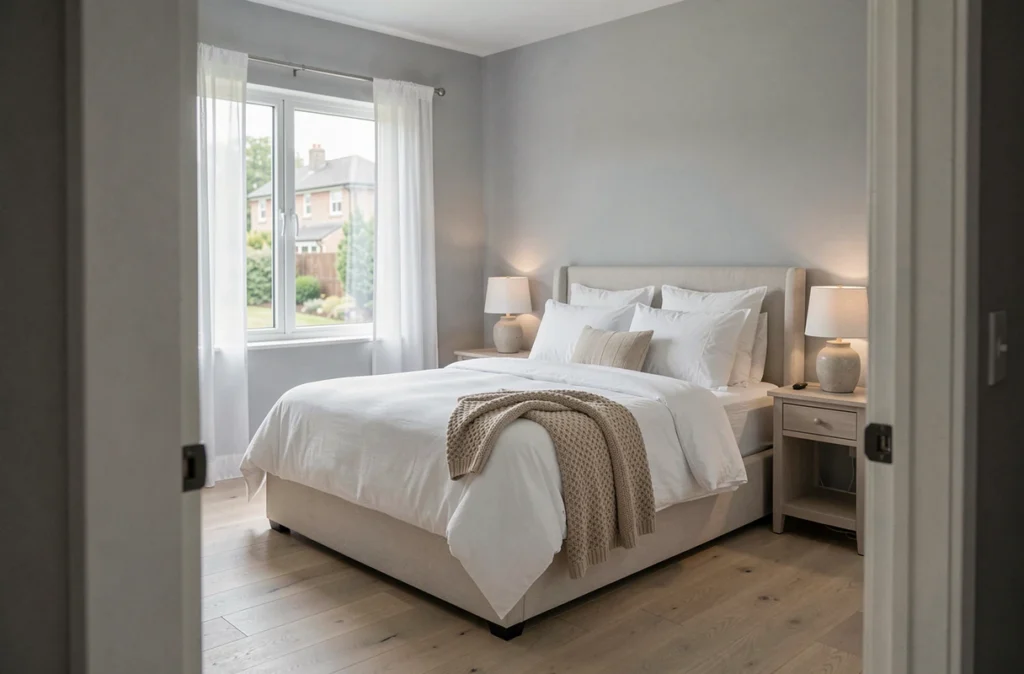 Chambre à coucher mise en valeur par le home staging avec literie blanche immaculée, tables de chevet assorties et parquet clair pour séduire les acheteurs