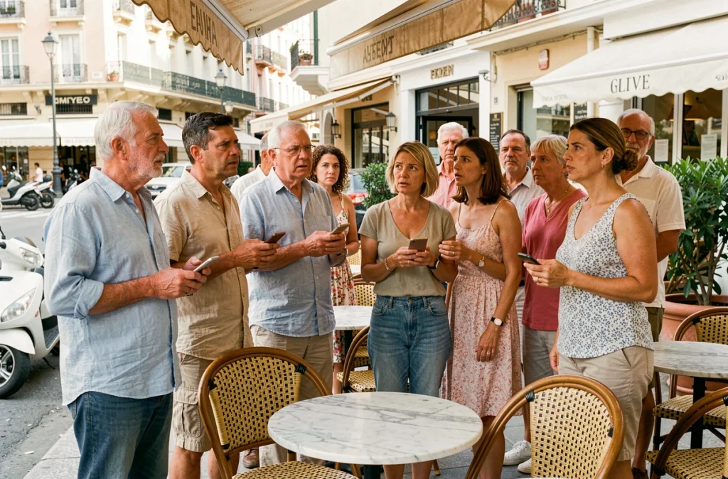 Badauds inquiets rassemblés devant une terrasse de café à Cannes suite à un attentat