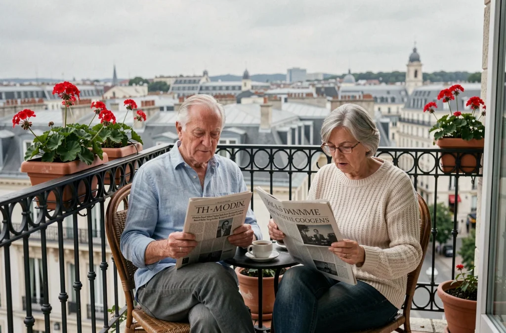 Un homme et une femme seniors prenant leur café sur un balcon en colocation avec vue sur la ville de Lyon