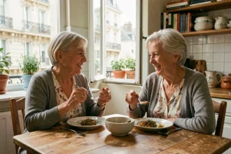 Deux seniors femmes partageant un repas convivial dans la cuisine d'un appartement en colocation à Paris