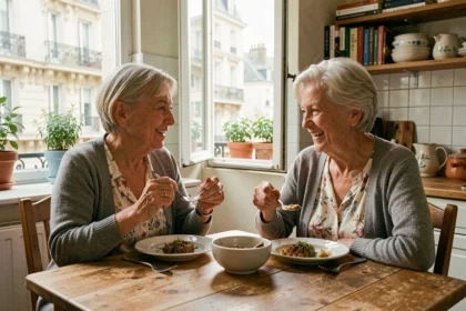 Deux seniors femmes partageant un repas convivial dans la cuisine d'un appartement en colocation à Paris