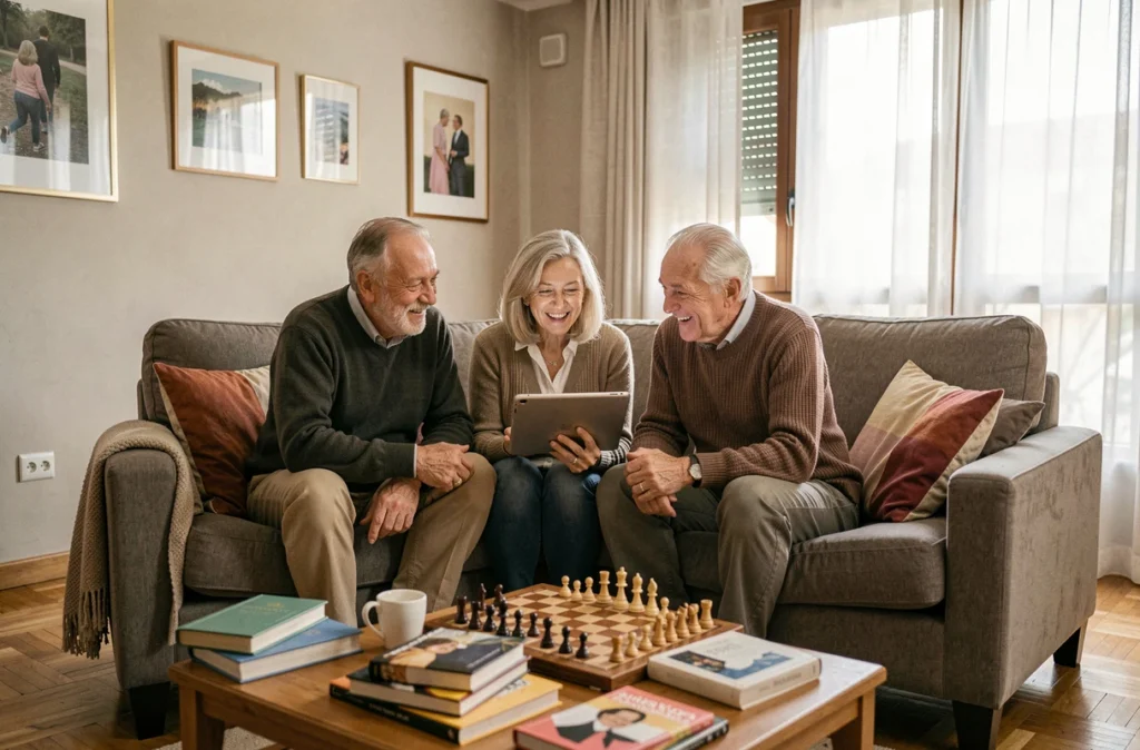 Trois seniors partageant un salon en colocation dans un appartement moderne de Bordeaux, réunis autour d'une tablette