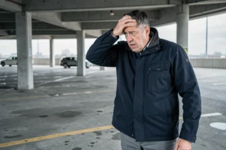 Homme constatant le vol de sa voiture dans un parking urbain vide, main sur le front en signe de détresse