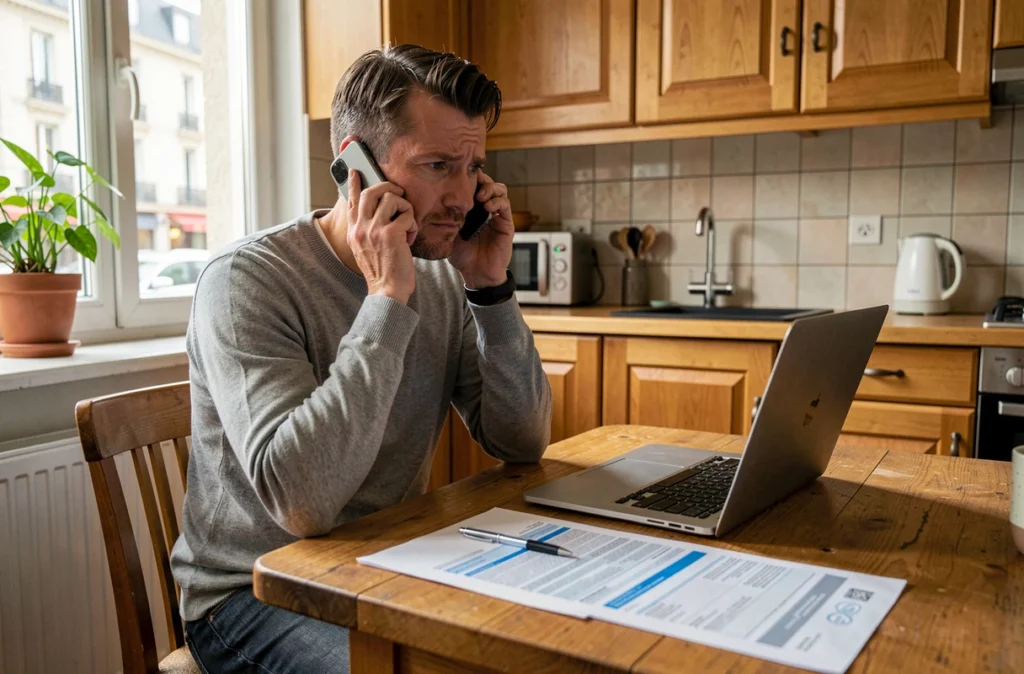 Homme contactant son assurance par téléphone après un vol de voiture, documents d'assurance étalés sur la table