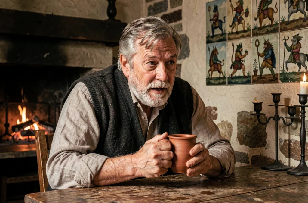 Conteur breton âgé racontant une légende de korrigan dans une taverne en pierre rustique