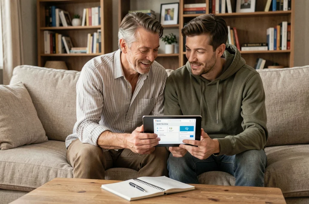 Couple consultant une offre bancaire groupée sur une tablette dans leur salon