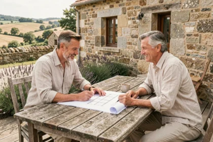 Couple de propriétaires consultant les plans de leur résidence secondaire en pierre sur une terrasse en bois en Provence
