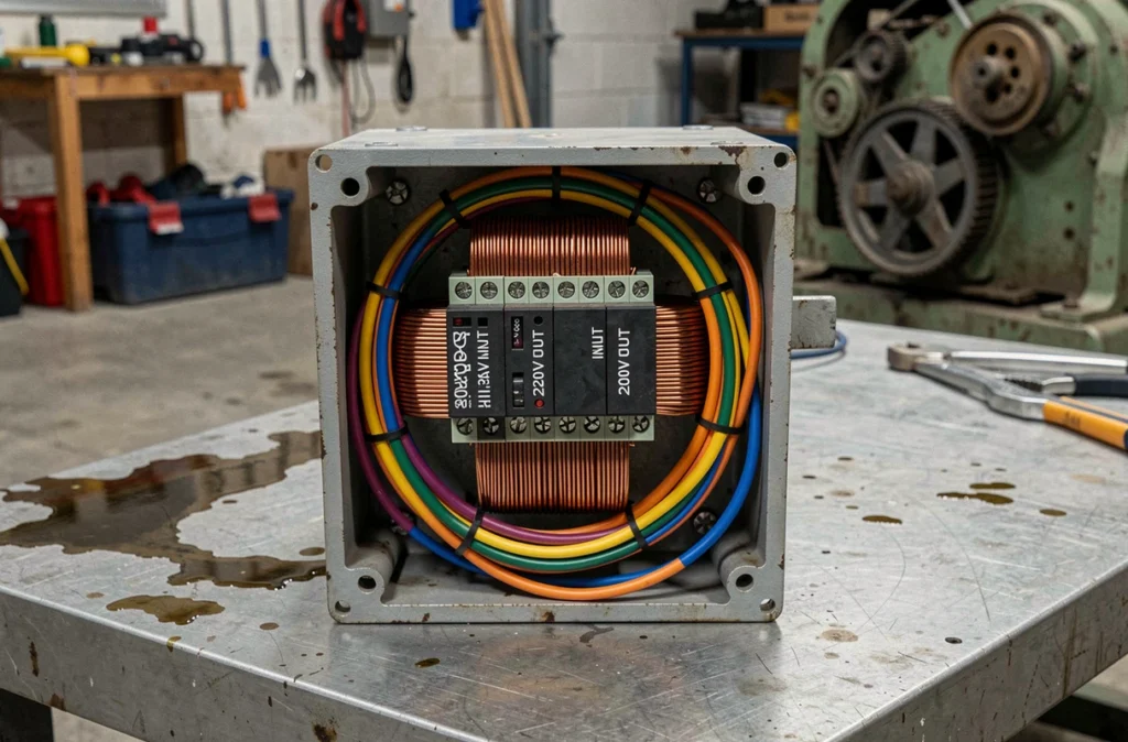 Gros plan sur les bornes et câblages d'un transformateur 380V 220V pour atelier ou garage