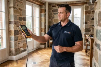 Diagnostiqueur immobilier professionnel mesurant la performance énergétique d'un appartement ancien en France