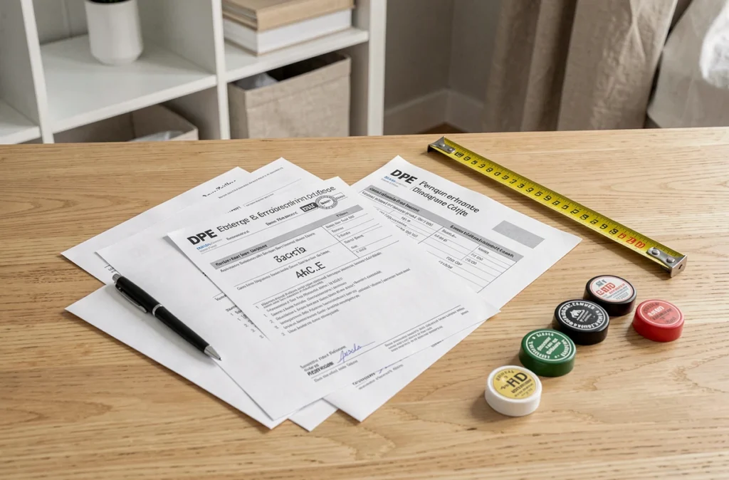 Documents de diagnostics immobiliers obligatoires en France incluant le DPE et le diagnostic amiante disposés sur une table
