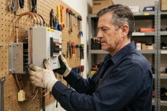Électricien examinant un transformateur 380V en 220V dans un atelier professionnel bien équipé
