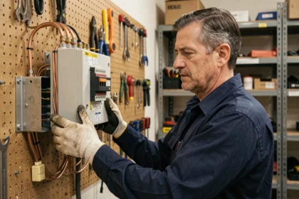 Électricien examinant un transformateur 380V en 220V dans un atelier professionnel bien équipé