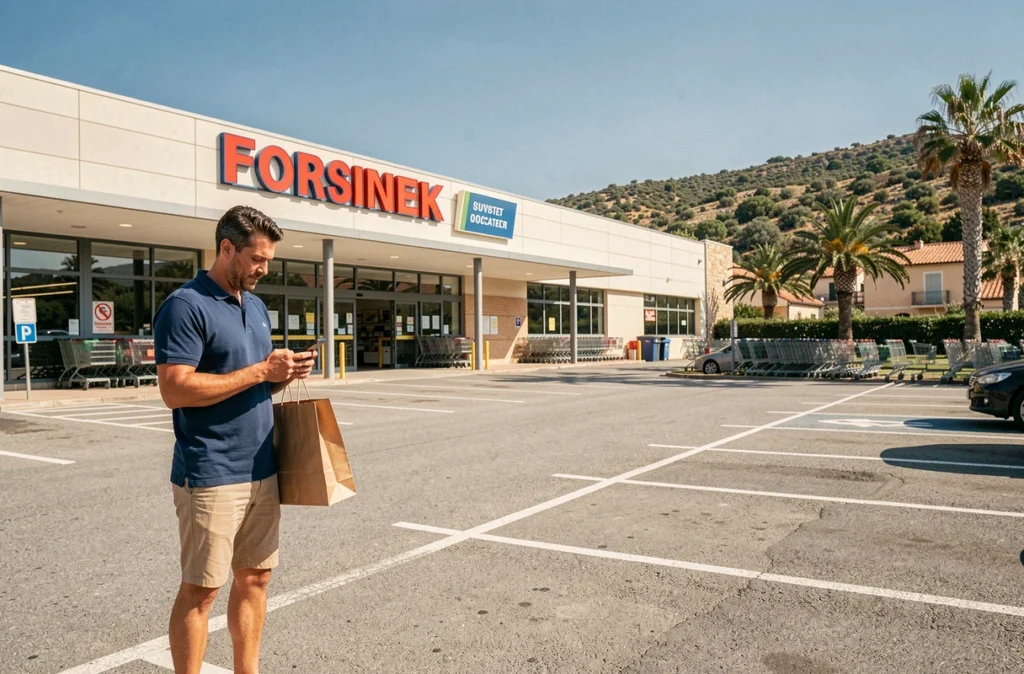 Homme devant l'entrée d'un supermarché discount en Corse avec son téléphone pour trouver le magasin