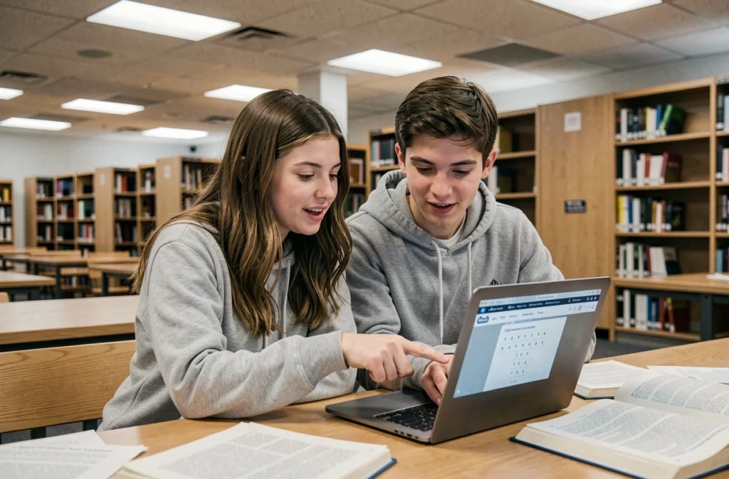 Deux étudiants collaborant sur Pedantix dans une bibliothèque universitaire pour trouver des stratégies de progression