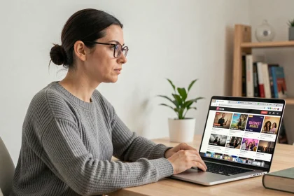Femme cherchant des alternatives à Sorlav sur son ordinateur portable dans un bureau à domicile moderne