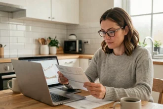 Femme analysant ses relevés bancaires et ses dépenses sur un ordinateur portable dans une cuisine moderne