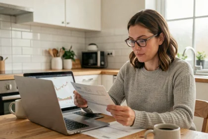 Femme analysant ses relevés bancaires et ses dépenses sur un ordinateur portable dans une cuisine moderne