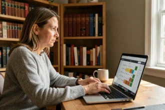 Femme concentrée jouant à Pedantix sur son ordinateur portable dans un bureau à domicile entouré de dictionnaires