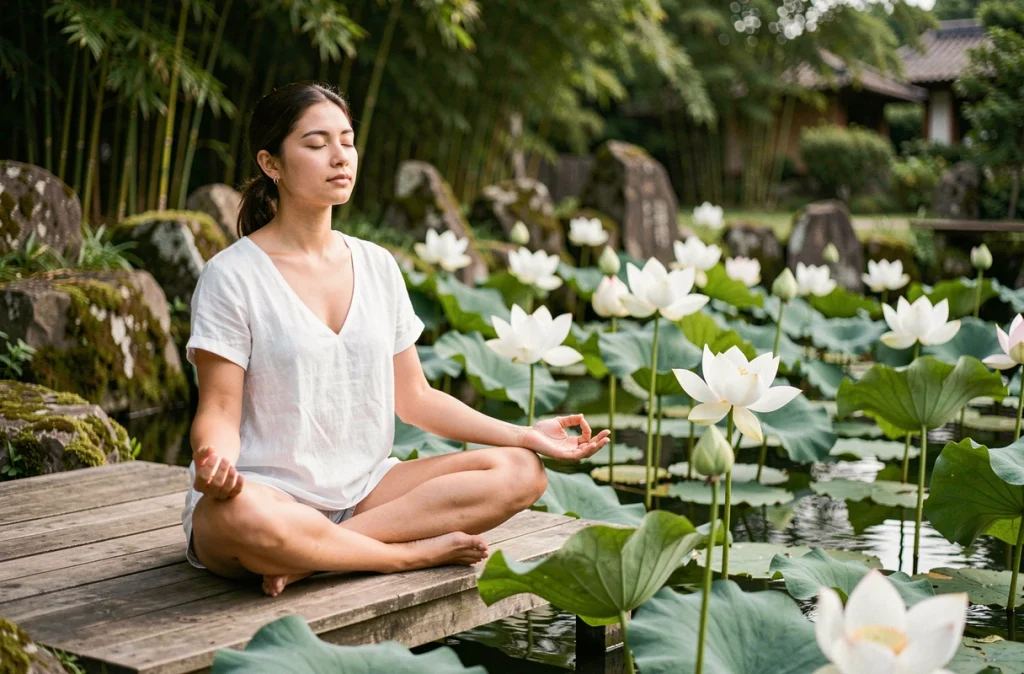 Femme méditant près d'un étang de lotus en fleur, symbolisant la croissance intérieure et l'éveil personnel