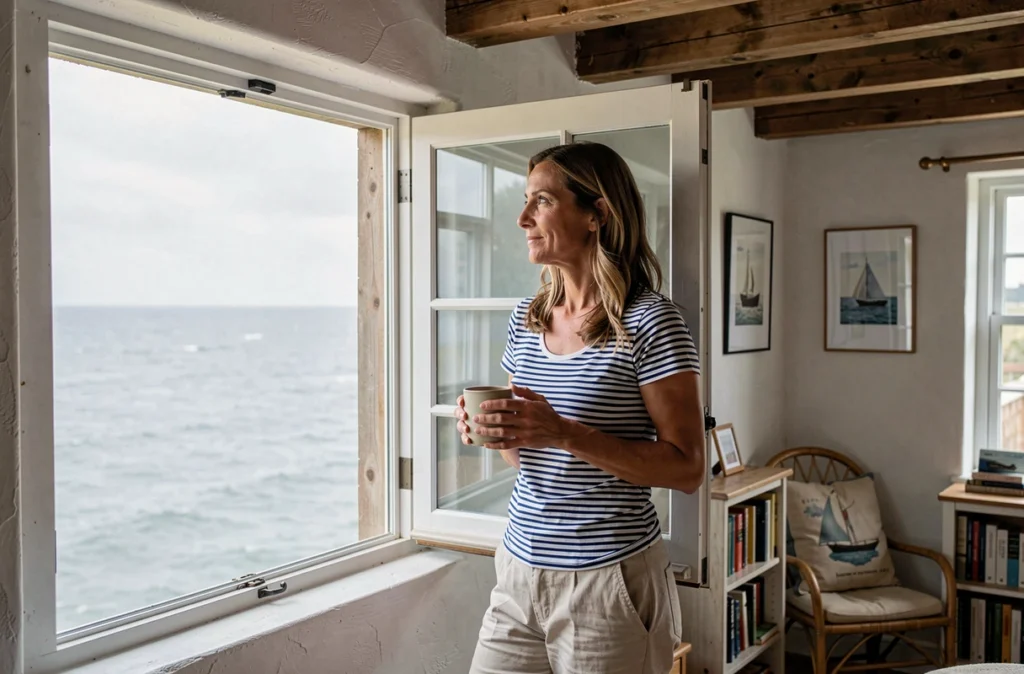 Femme regardant la mer depuis la fenêtre de sa résidence secondaire en bord de côte bretonne