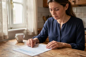 Femme révisant une fiche mémo imprimable sur les 200 questions de naturalisation française à une table de cuisine