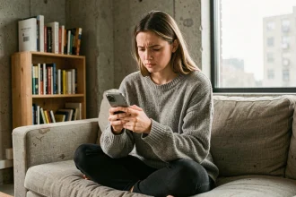 Femme utilisant un smartphone pour naviguer sur Scrolller dans un appartement, illustrant la consommation de données mobiles