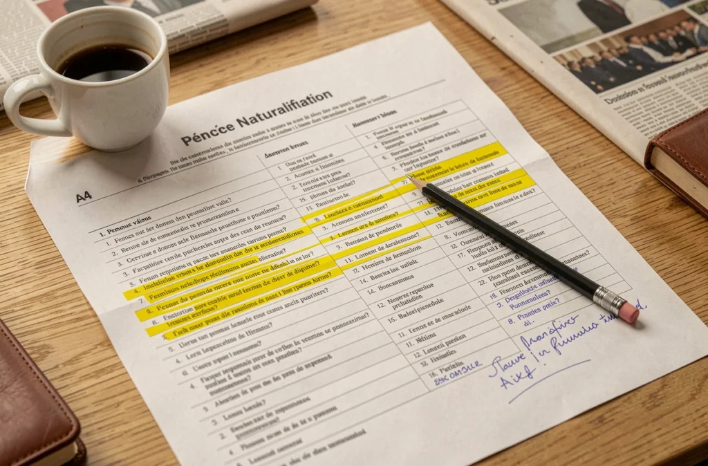 Vue aérienne d'une fiche mémo imprimable sur les 200 questions de naturalisation française avec annotations et surlignage