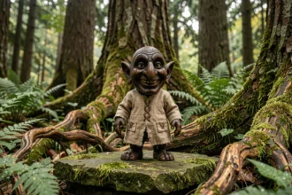 Figurine de korrigan en bois sculpté posée sur une pierre recouverte de mousse dans une forêt bretonne
