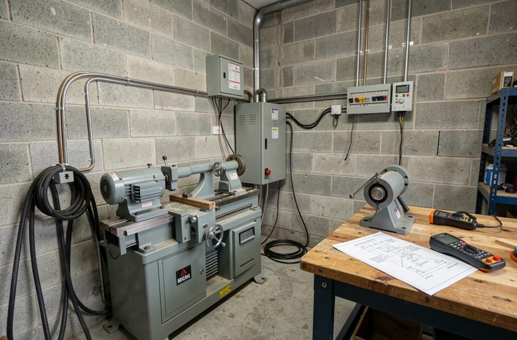 Vue d'ensemble d'un garage avec transformateur 380V en 220V alimentant des machines-outils
