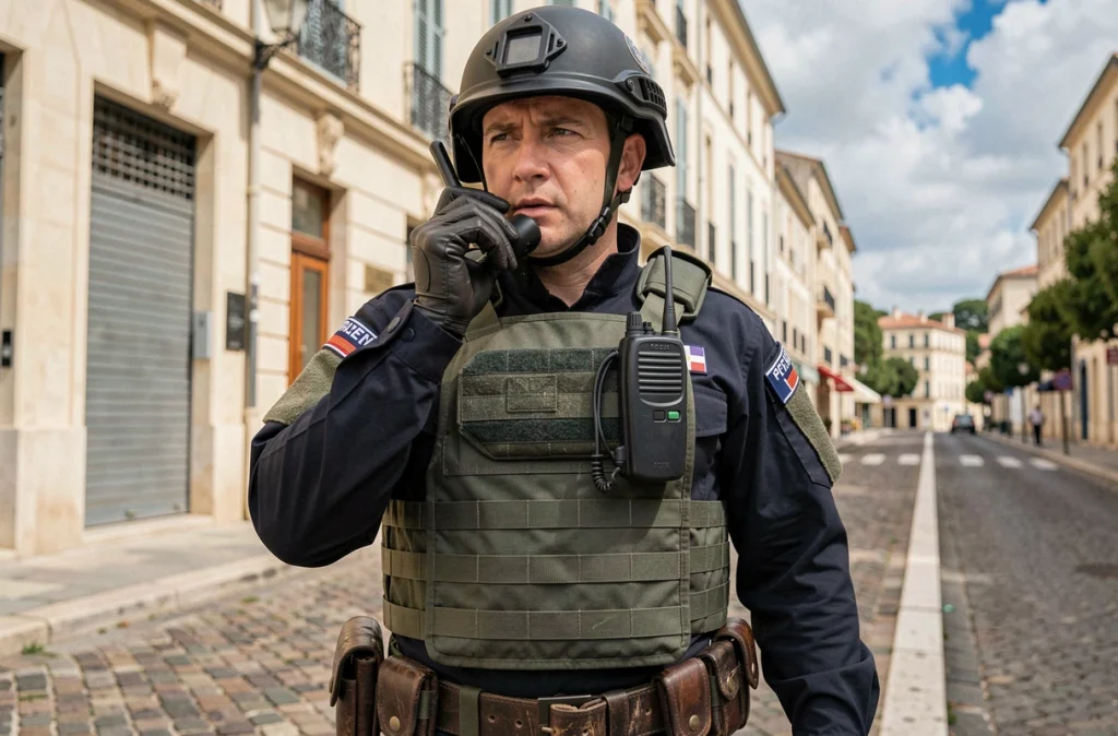 Gendarme français en tenue tactique coordonnant les opérations de sécurité dans les rues de Cannes