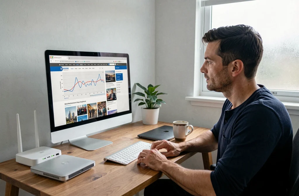 Homme analysant la consommation de bande passante sur un ordinateur de bureau avec un graphique de données réseau