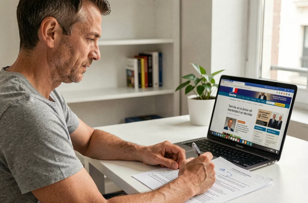 Homme annotant une fiche de révision imprimable pour préparer l'entretien de naturalisation française à son bureau