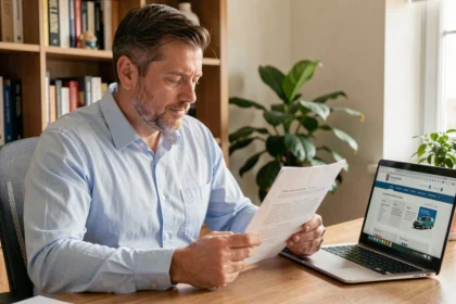 Un homme consulte un certificat de non-gage pour la vente de son véhicule à son bureau à domicile