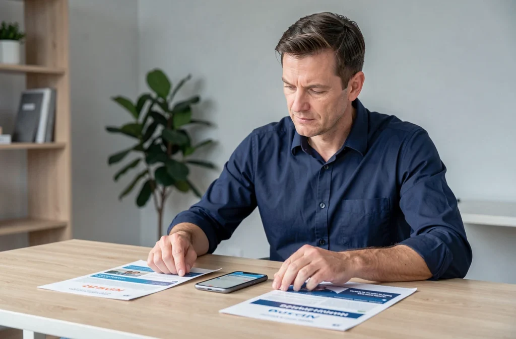 Homme comparant des offres groupées bancaires avec des brochures et une application mobile sur son bureau