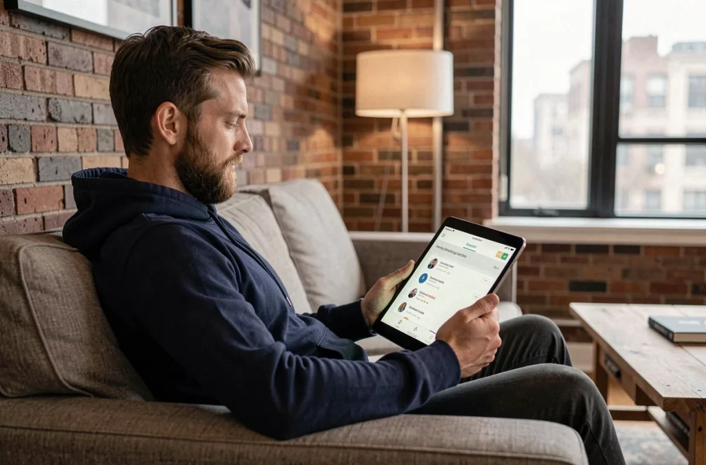 Homme naviguant sur des plateformes alternatives à Sorlav depuis son canapé avec une tablette
