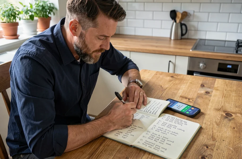 Homme prenant des notes sur un carnet pour progresser sur un jeu de devinette de mots comme Pedantix
