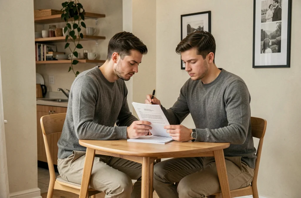 Jeune actif signant un contrat de location d'appartement meublé à Paris