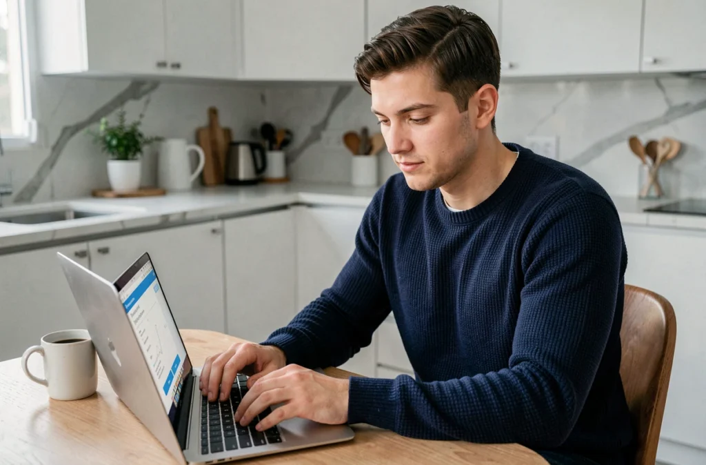 Jeune homme consultant son plan épargne retraite sur un ordinateur portable depuis son appartement moderne