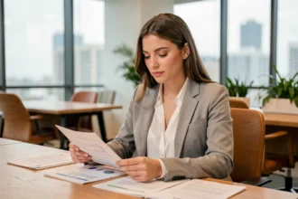 Jeune femme professionnelle analysant des documents financiers liés à un plan épargne retraite dans un bureau moderne
