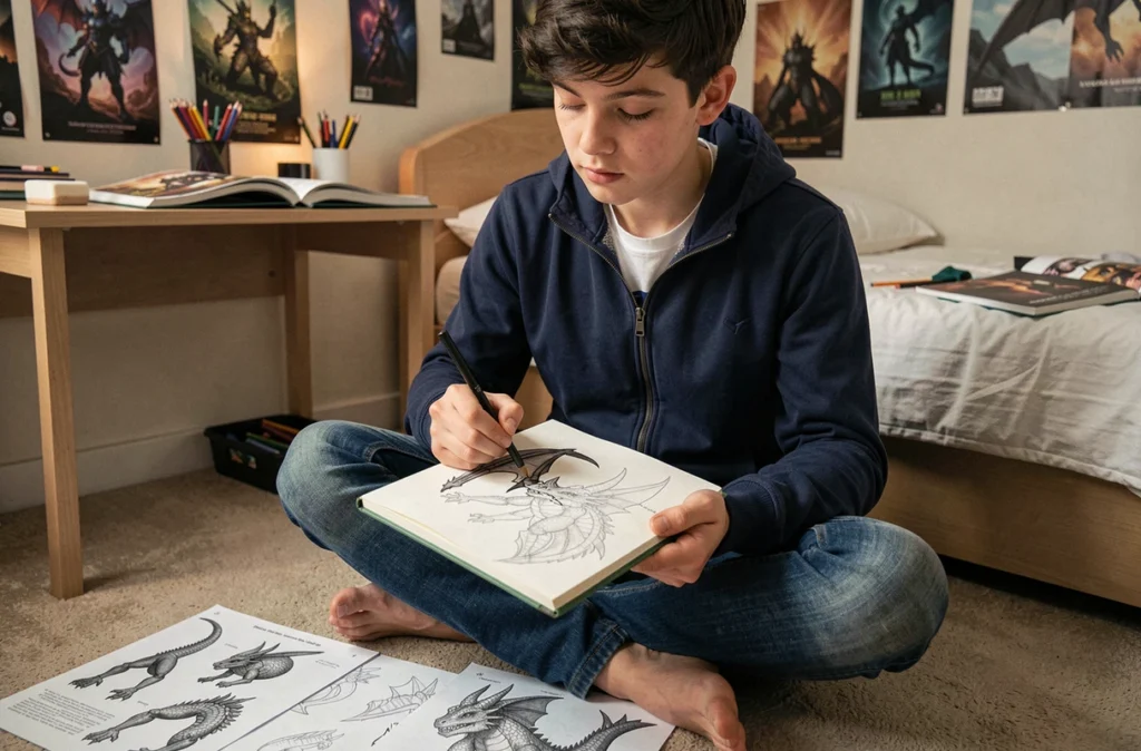Jeune artiste affinant le lineart d'un dragon sur un carnet dans une chambre entourée de références de dessin