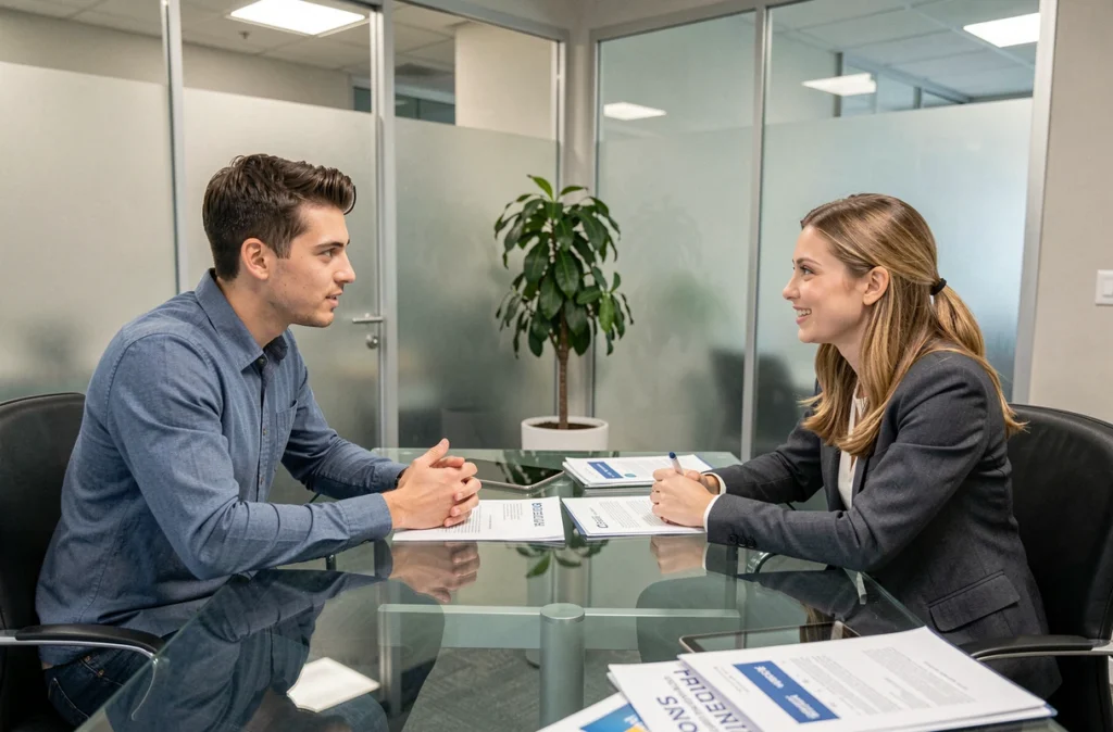 Deux jeunes actifs discutant avec un conseiller financier des avantages d'un plan épargne retraite