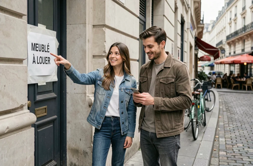 Deux jeunes actifs devant un immeuble avec une annonce de location meublée à Paris