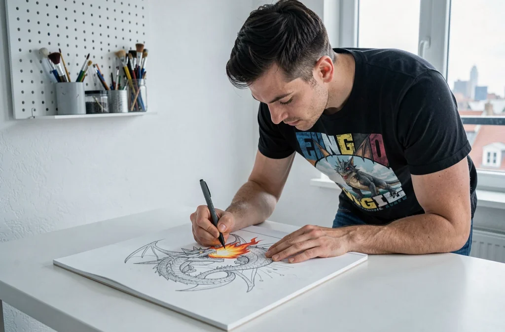 Dessinateur traçant le lineart propre d'un dragon au feutre fin sur un grand carnet de croquis