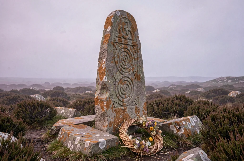 Menhir breton gravé de symboles celtiques entouré de landes brumeuses avec offrande florale au pied