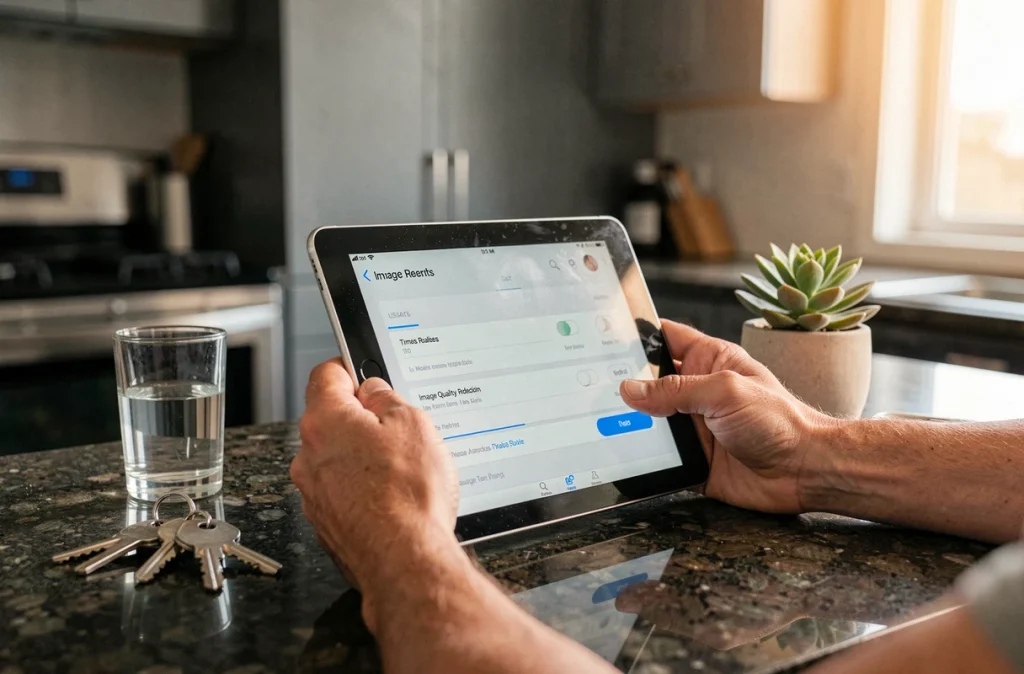 Mains tenant une tablette avec les paramètres de contrôle de la consommation de données et de la qualité d'image